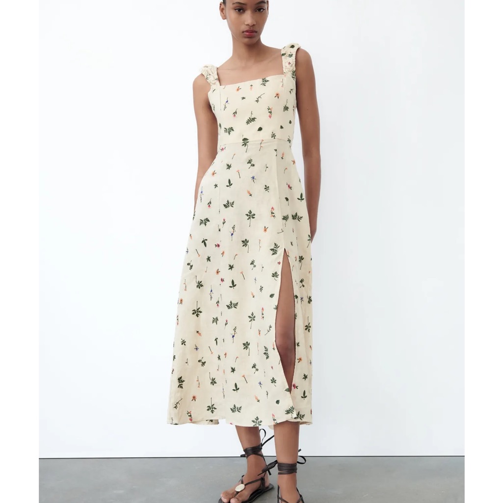 Zara Linen Embroidered Midi Dress